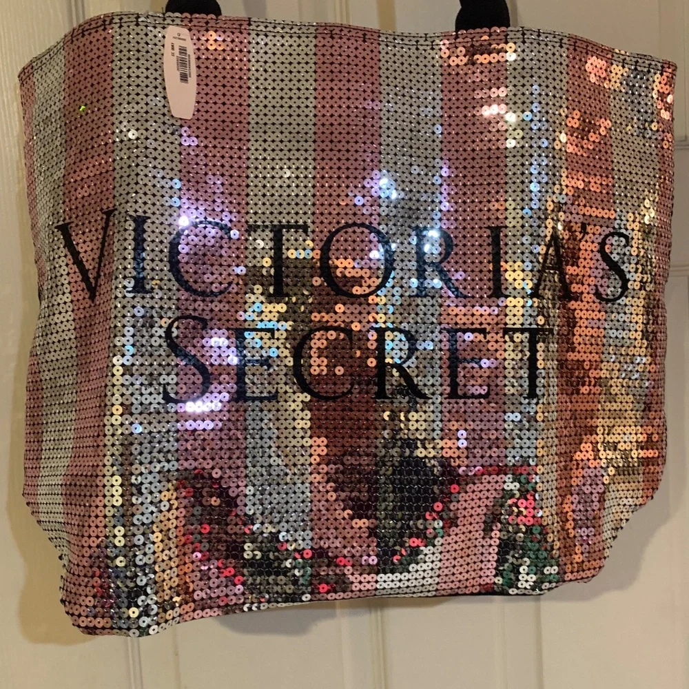 NWT Victoria’s Secret Black/Silver/Pink Sequin Canvas Tote Bag